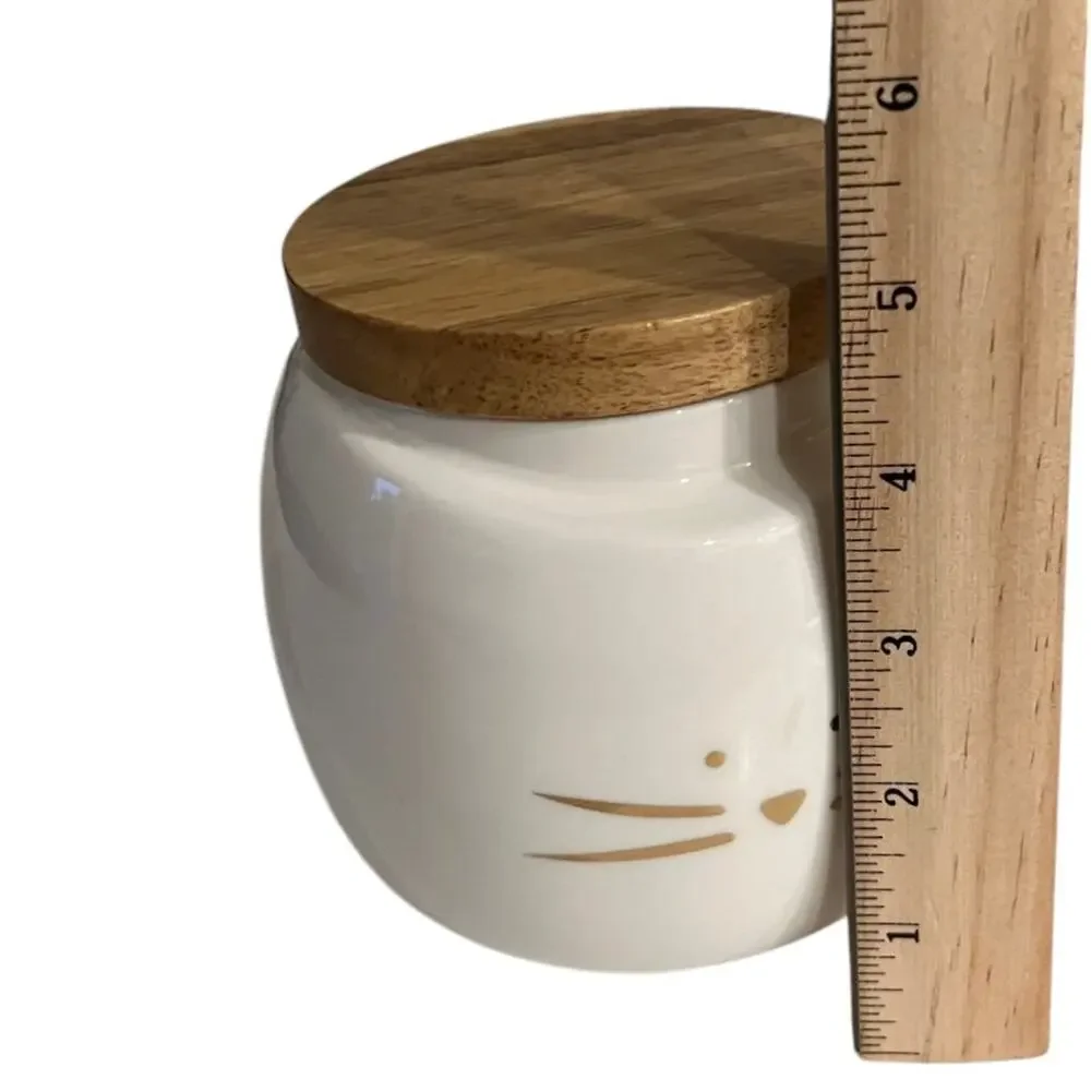Set of 2 Ceramic Cat Treat Jars Bamboo Lids White Gold Whiskers Pet Canisters